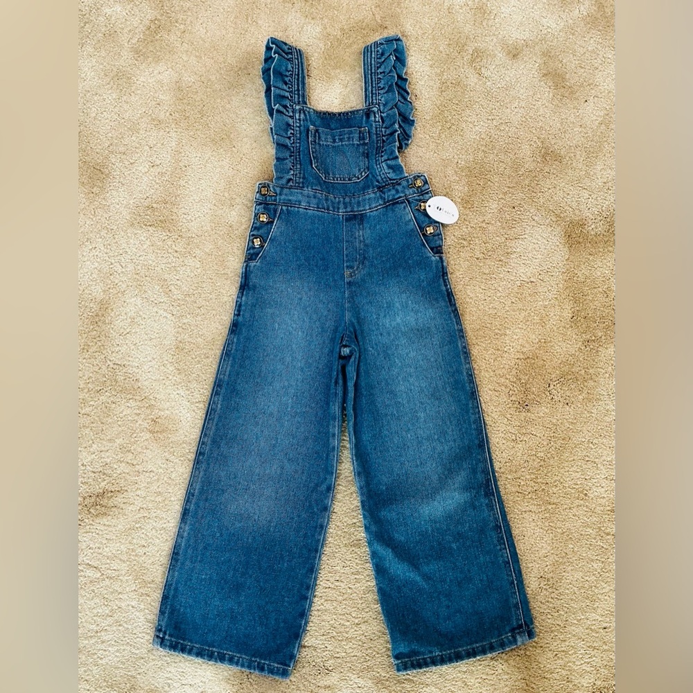 New Abel & Lula Boutique Girls Denim Ruffle-Strap Wide Leg Overalls  5